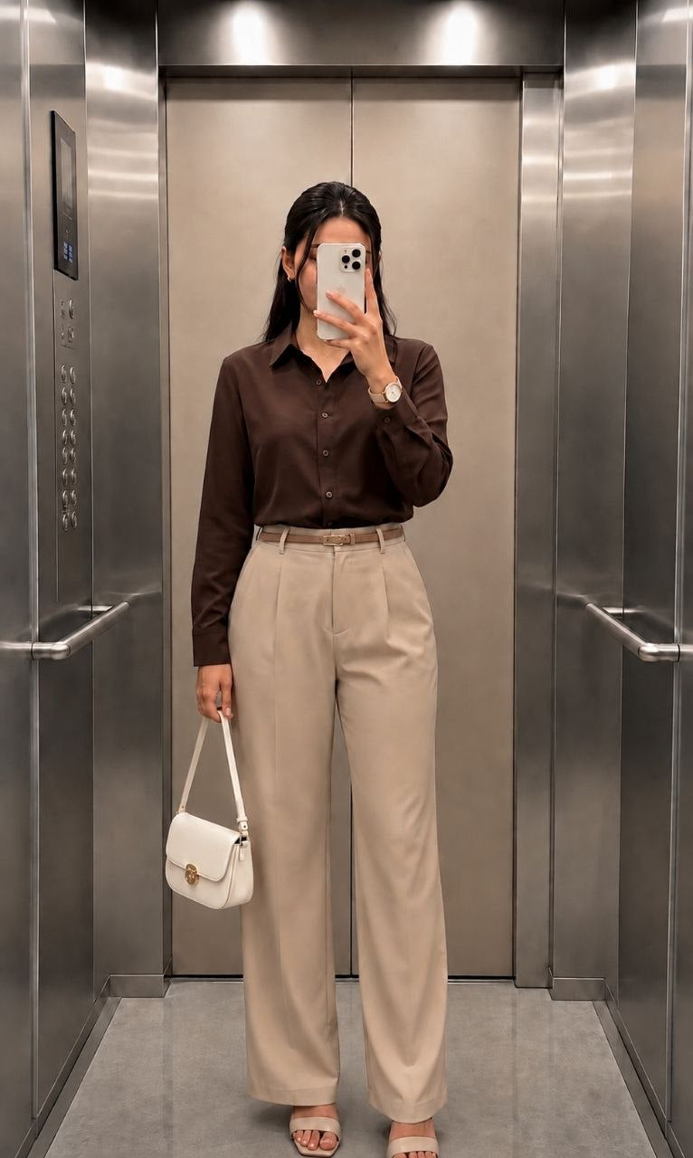 Office Wear - Coffee Shirt & Skin-Tone Wide-Leg Trouser Combo