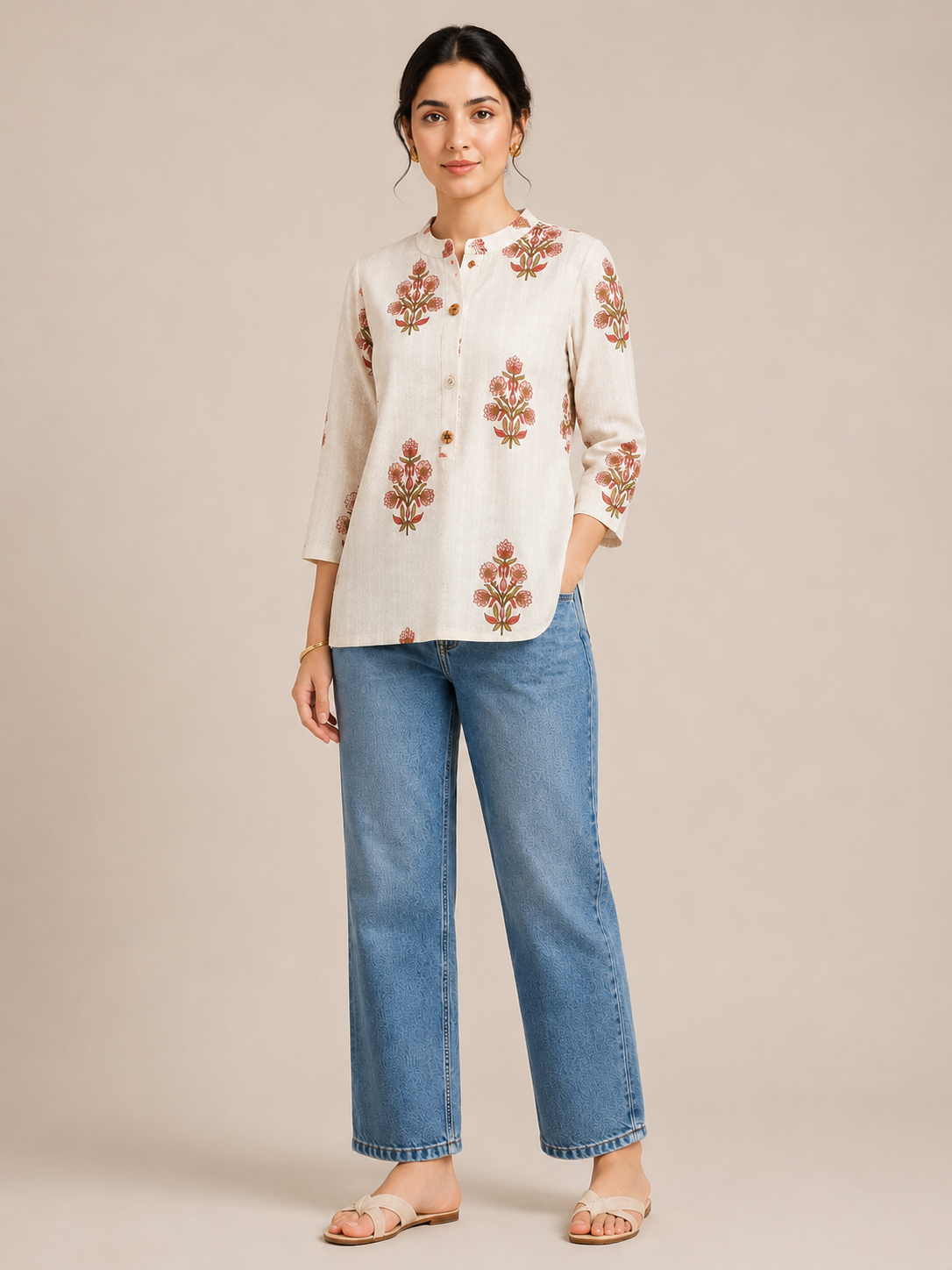 Women's Floral Printed Tie-Back Knot Short Kurti