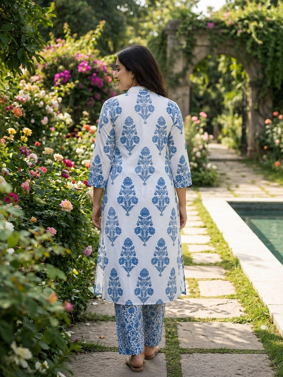 Azure Bloom Floral Printed Cotton Kurta Pant Set