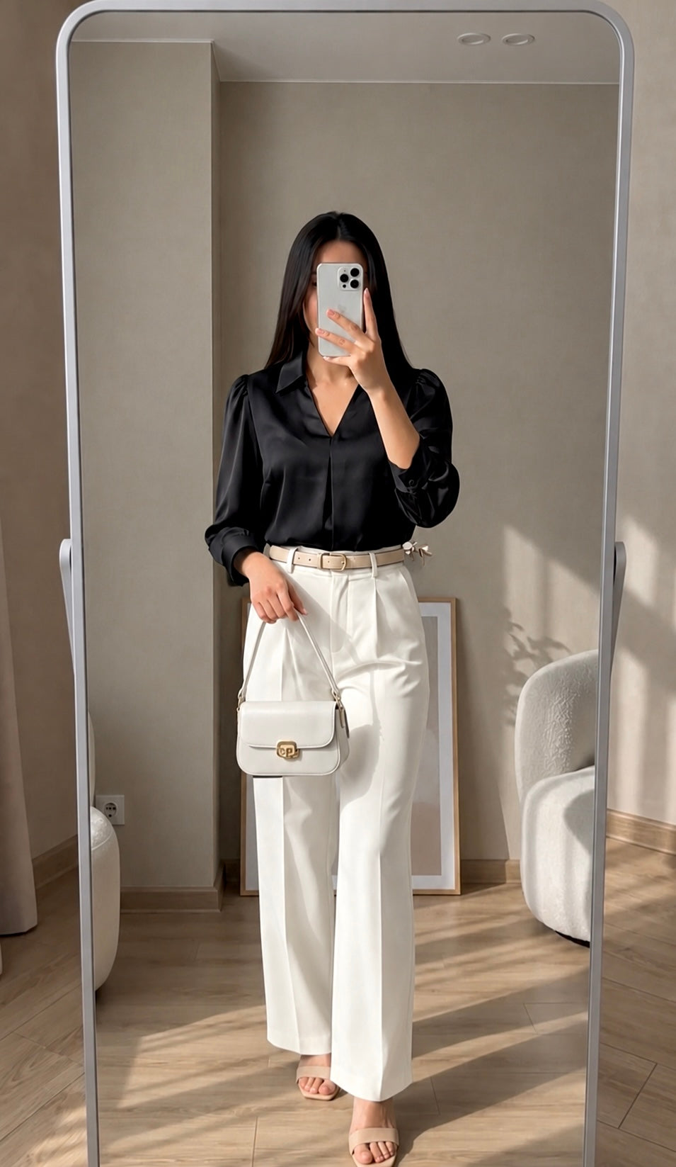 Avyuraa Monochrome Elegance: Satin Black Top & White Straight fit Trouser Set