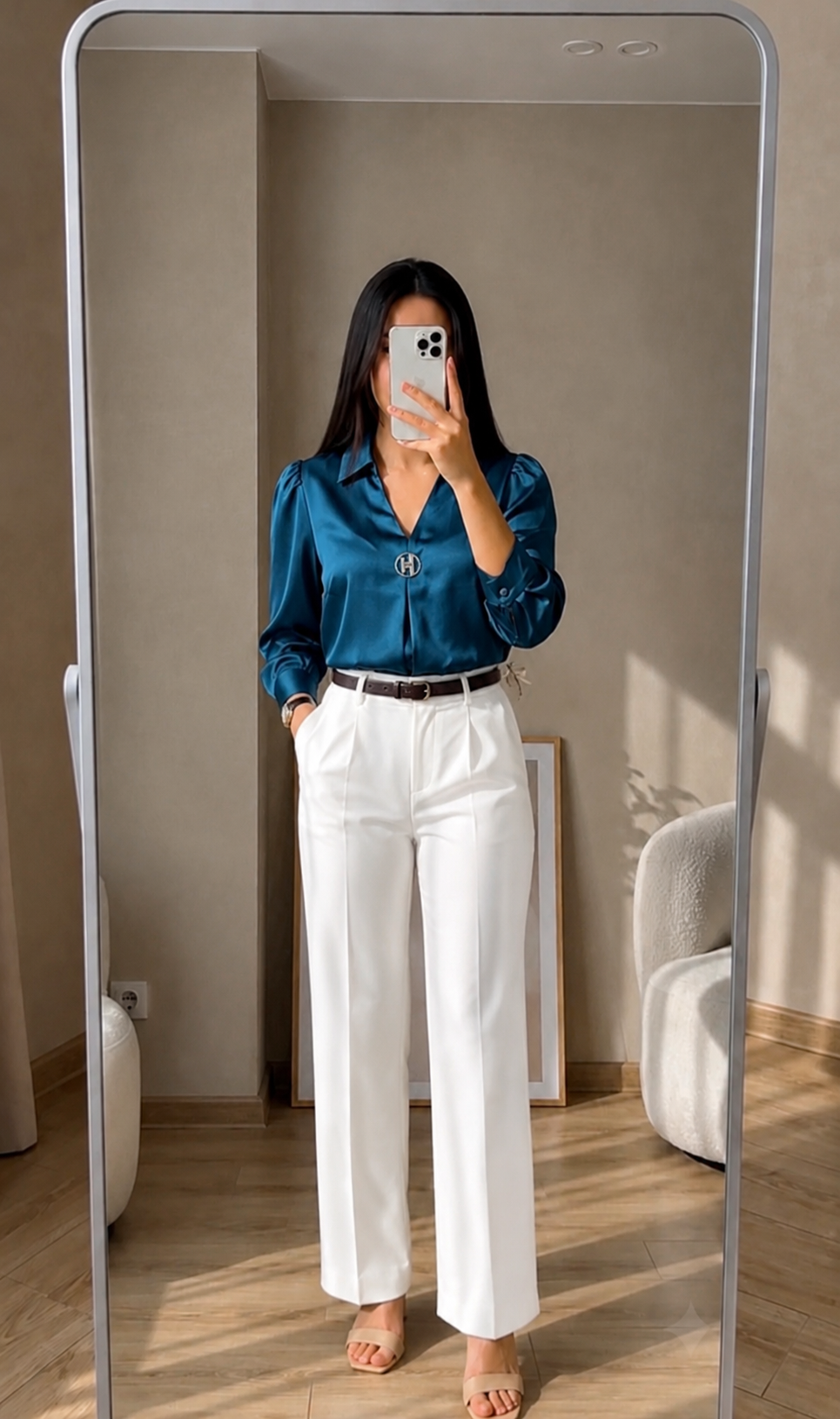 Rama Satin Top & White Straight Fit Trouser Combo for Women