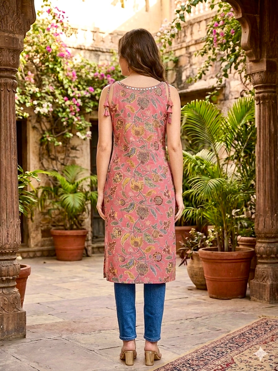 Blush Pink Floral Jaipuri Kalamkari Cotton Sleeveless Kurti
