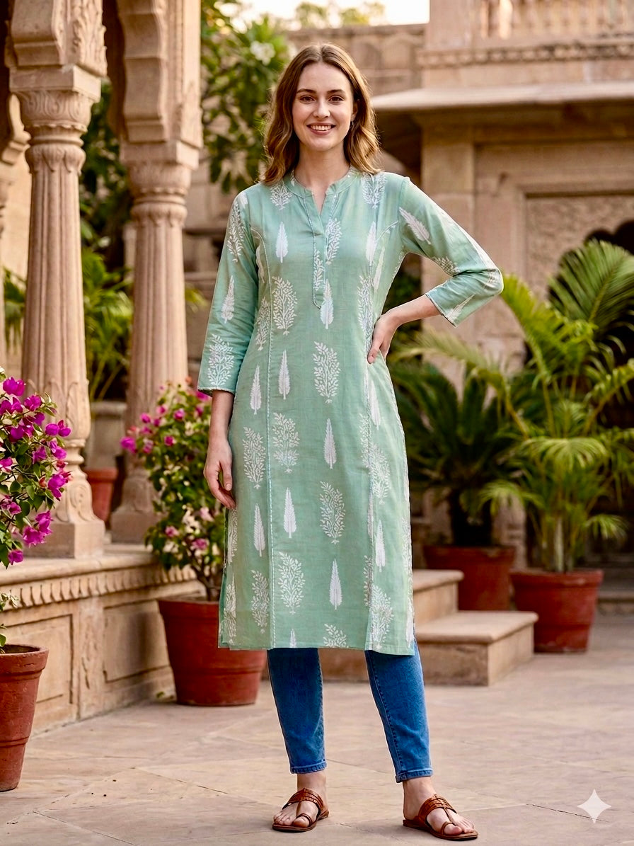 Mint Green Tree Motif Cotton Straight Kurti