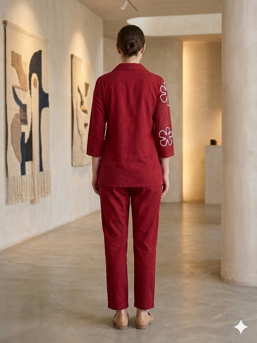 Dark Red Floral Embroidered Co-ord Set