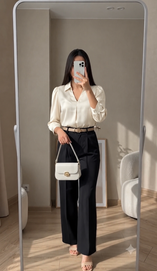 Elegant Office Wear Cream Top & Straight Fit Trousers Set – Cream & Black Formal