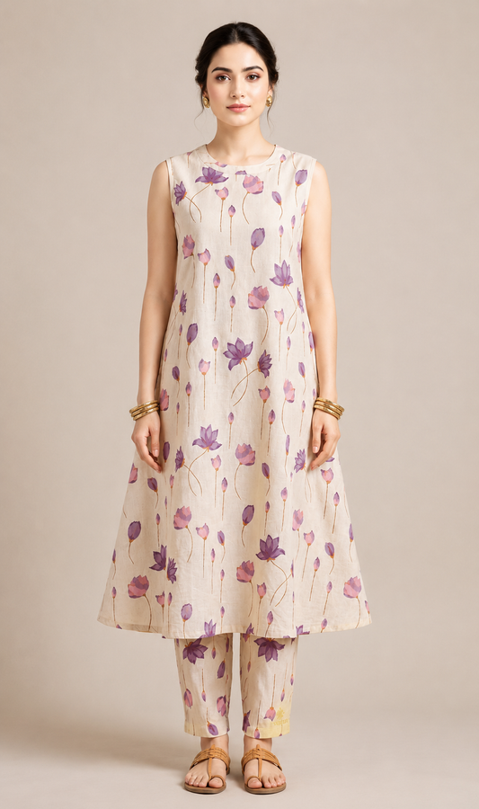 Lavender Bloom Floral A-Line Kurti Plazo Set