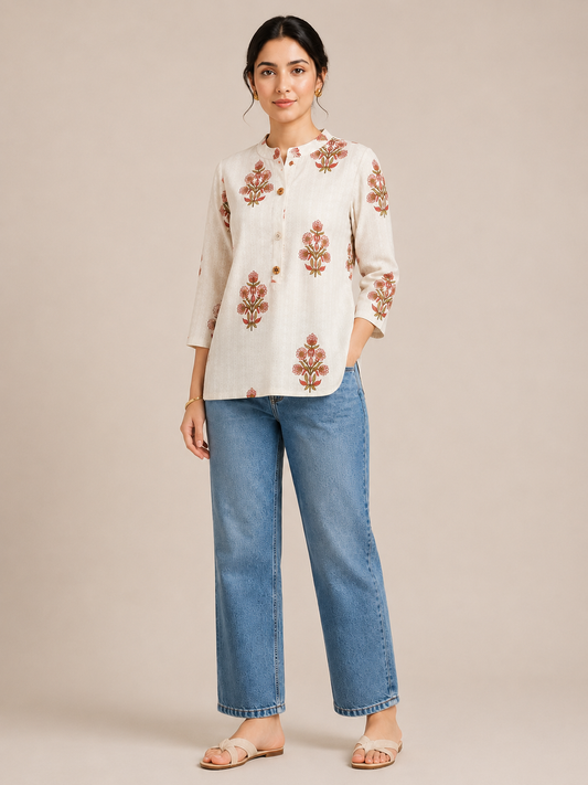 Women's Floral Printed Tie-Back Knot Short Kurti