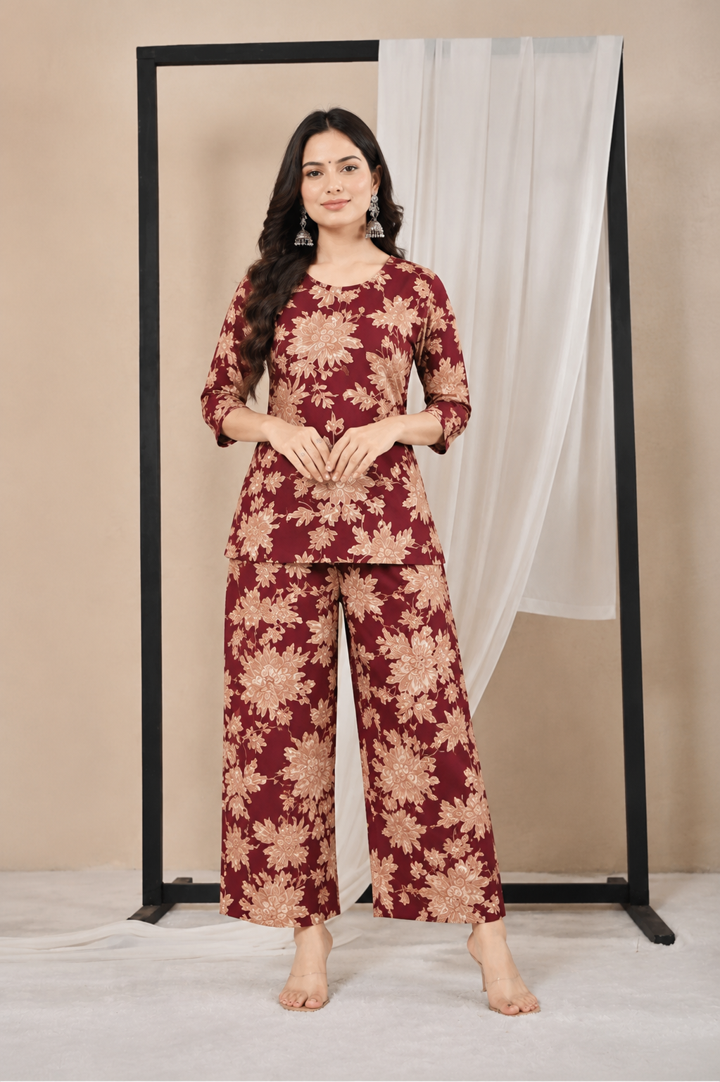 Floral Bloom Printed Short Kurti & Palazzo Cord-Set for Women