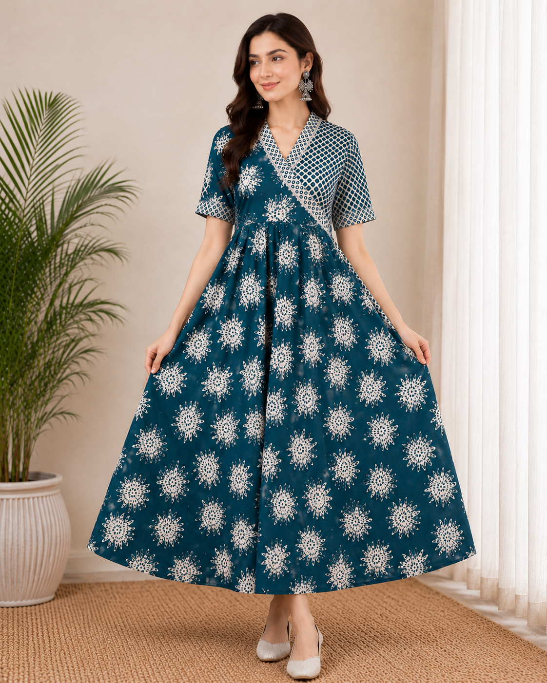 Teal Floral Printed Anarkali Dress with dupatta and pant for Women