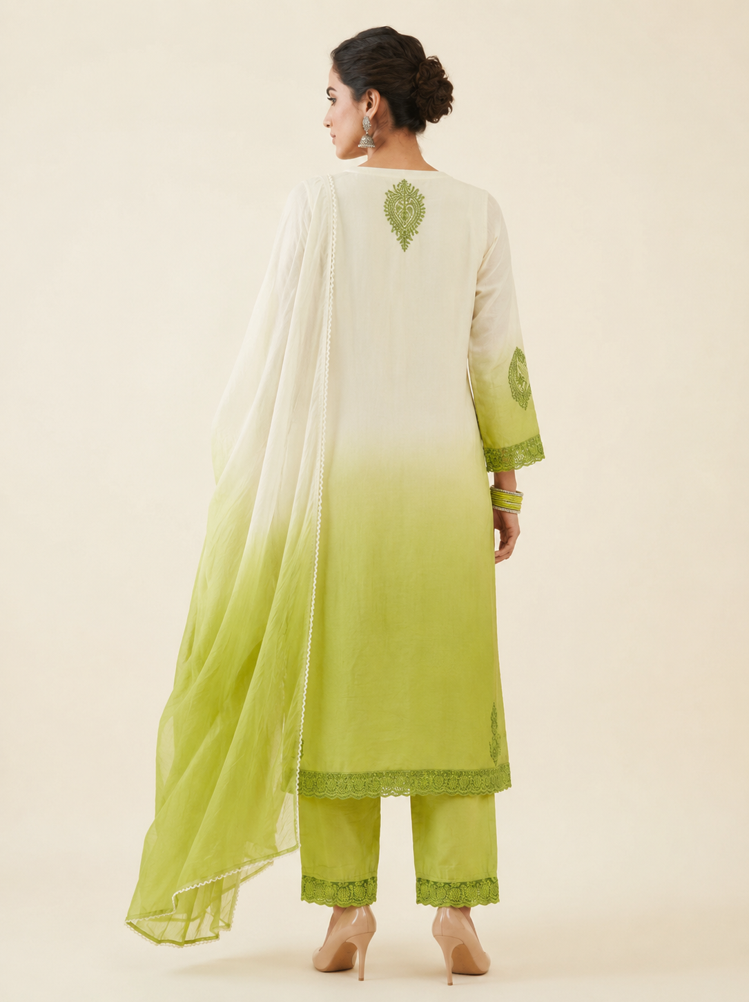 Premium Lime Green Ombre Embroidered Kurti Set with Dupatta