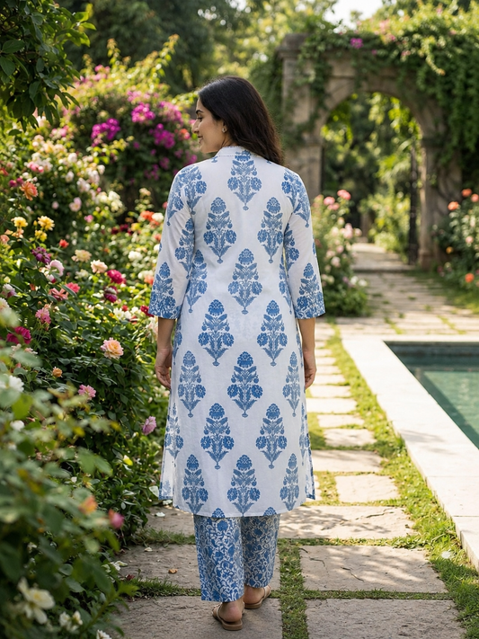 Azure Bloom Floral Printed Cotton Kurta Pant Set