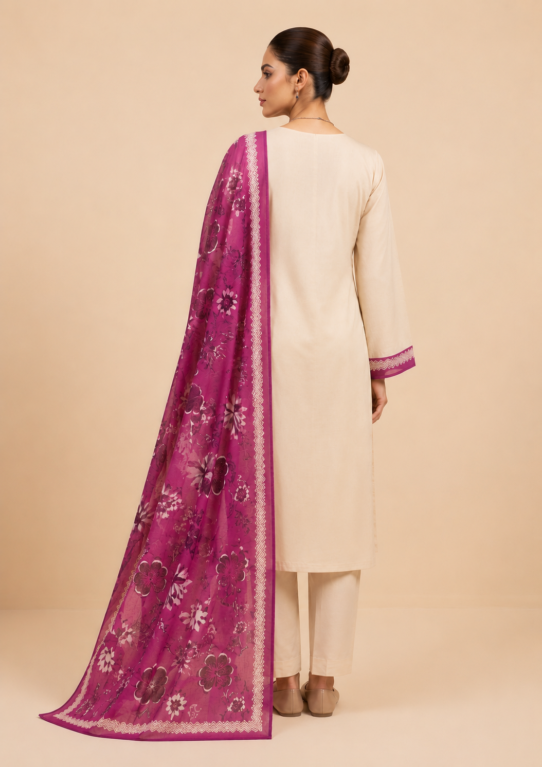 Floral Elegance Cotton Suit Set with Printed Dupatta – Cream & Magenta