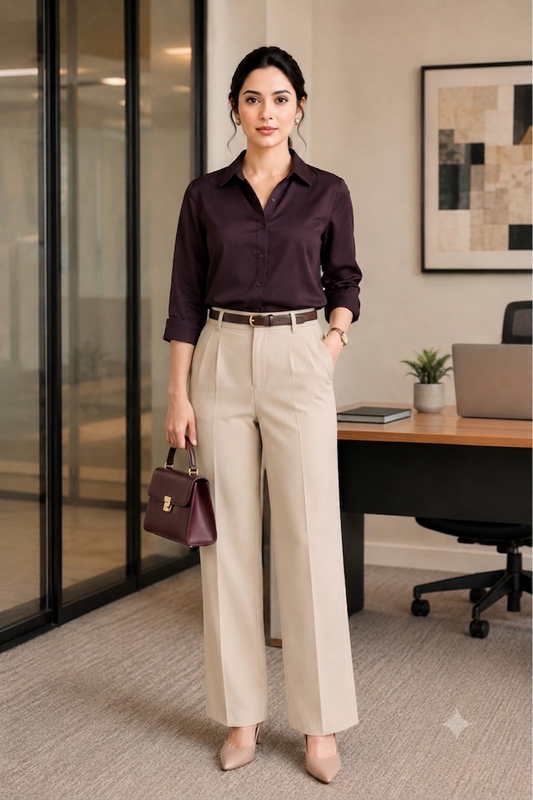 Deep Plum Shirt & Beige Straight-Leg Trouser Set