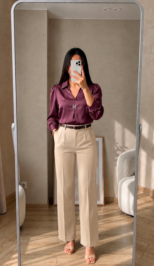 Plum Satin Top & Beige Straight Fit Trouser Combo for Women