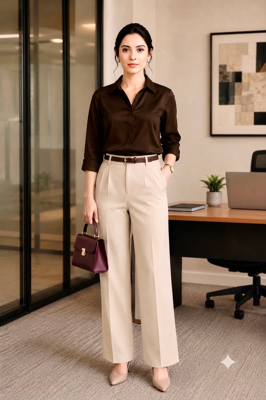 The Executive Brown Satin & Beige Straight-Fit Trouser Set