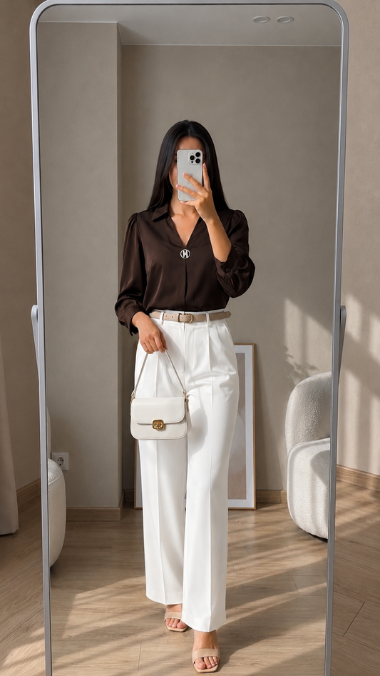 Dark Brown Satin Top & White Straight-Fit Trouser Set