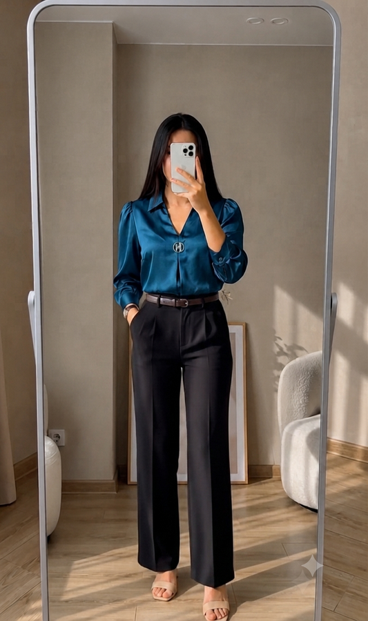 Satin Button-Down Top & Tailored Trouser Set