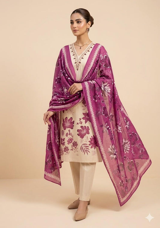 Floral Elegance Cotton Suit Set with Printed Dupatta – Cream & Magenta