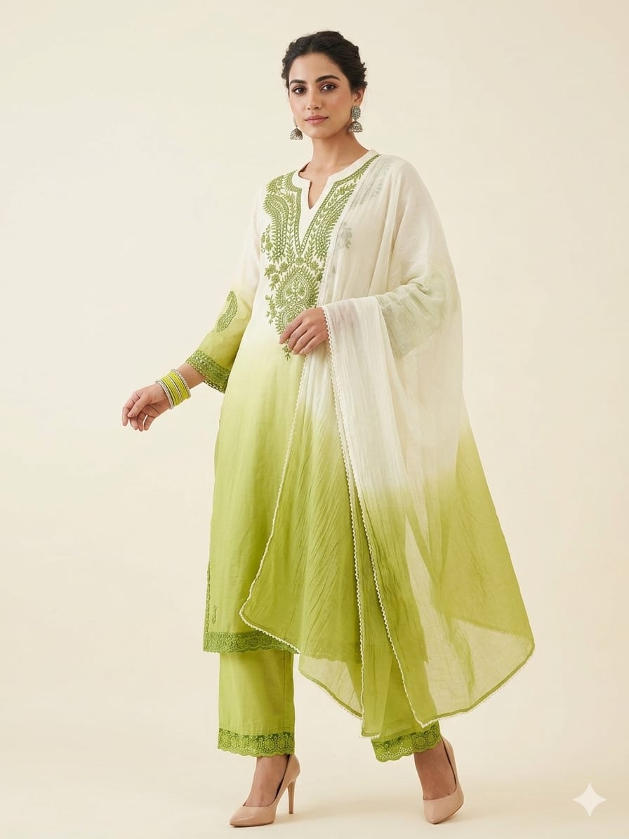 Premium Lime Green Ombre Embroidered Kurti Set with Dupatta