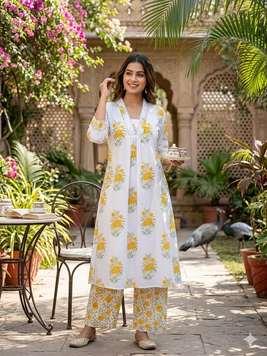 Sunflower Bloom Floral Printed Cotton Kurta Palazzo Set for Women