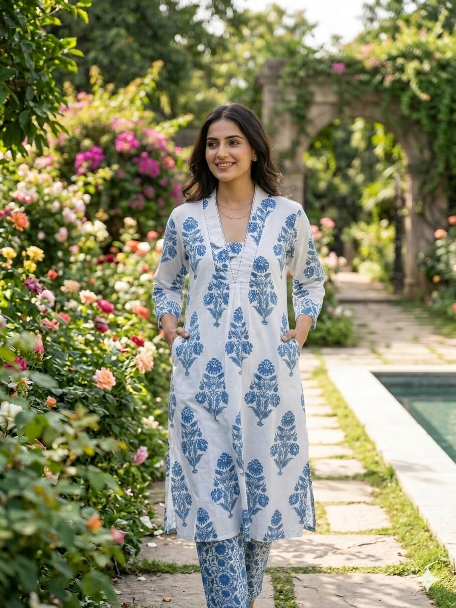 Azure Bloom Floral Printed Cotton Kurta Pant Set