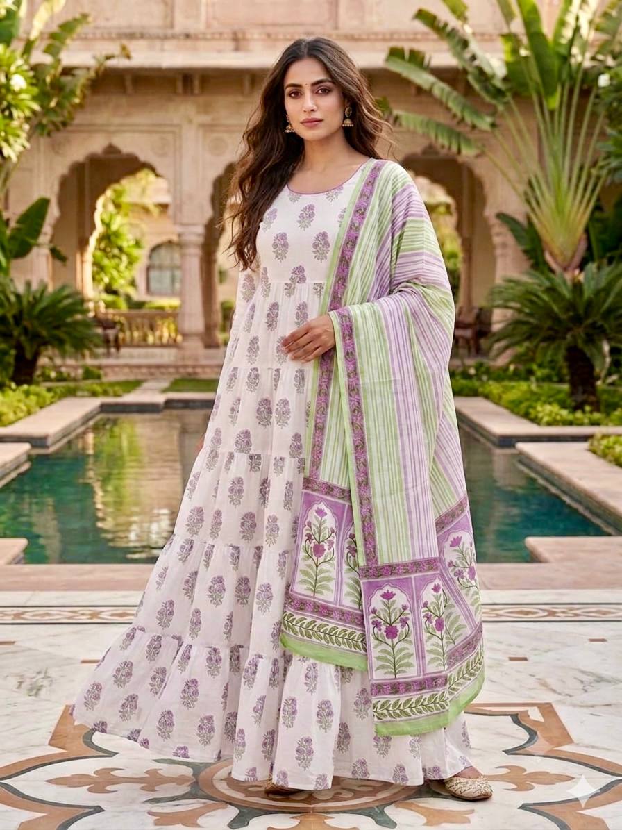 White Floral Printed Cotton Frock Suit Set with Printed Dupatta