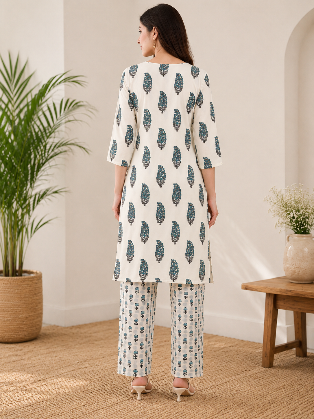 Women's Cotton Printed Kurta Pant Set – White & Rama Floral Print