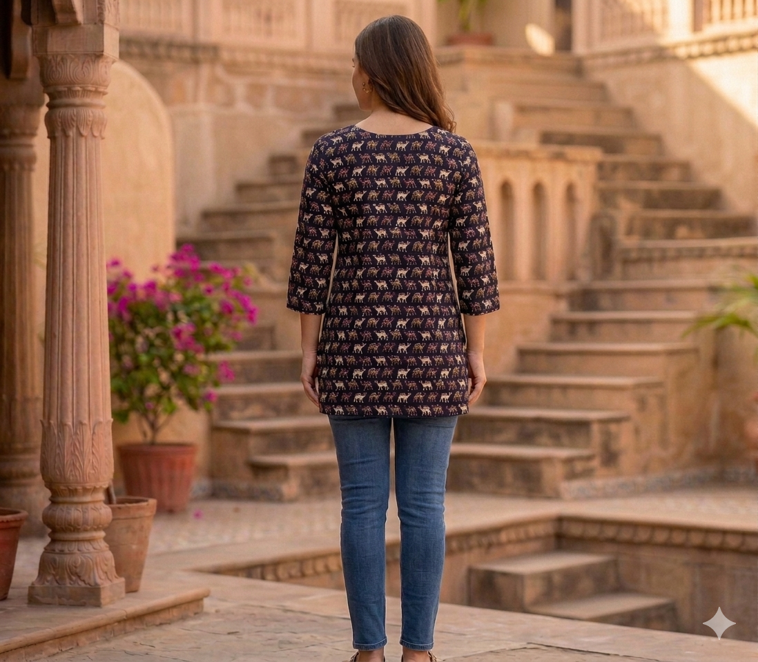 Jaipuri Camel Print Black (Short Kurti)