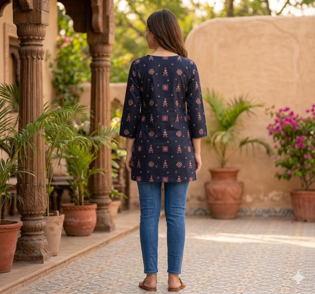 Women's Black Printed Cotton Short Kurti