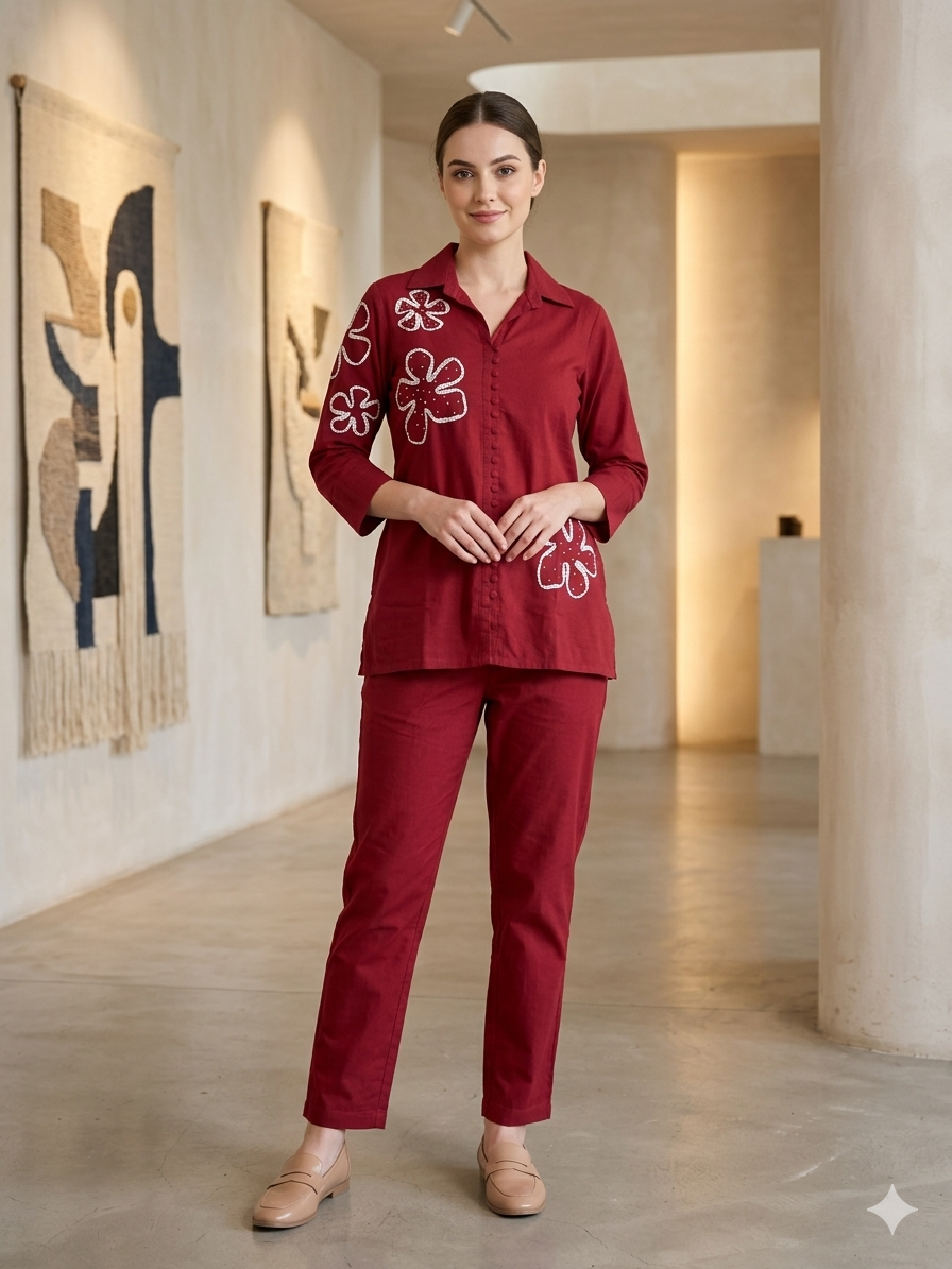Dark Red Floral Embroidered Co-ord Set