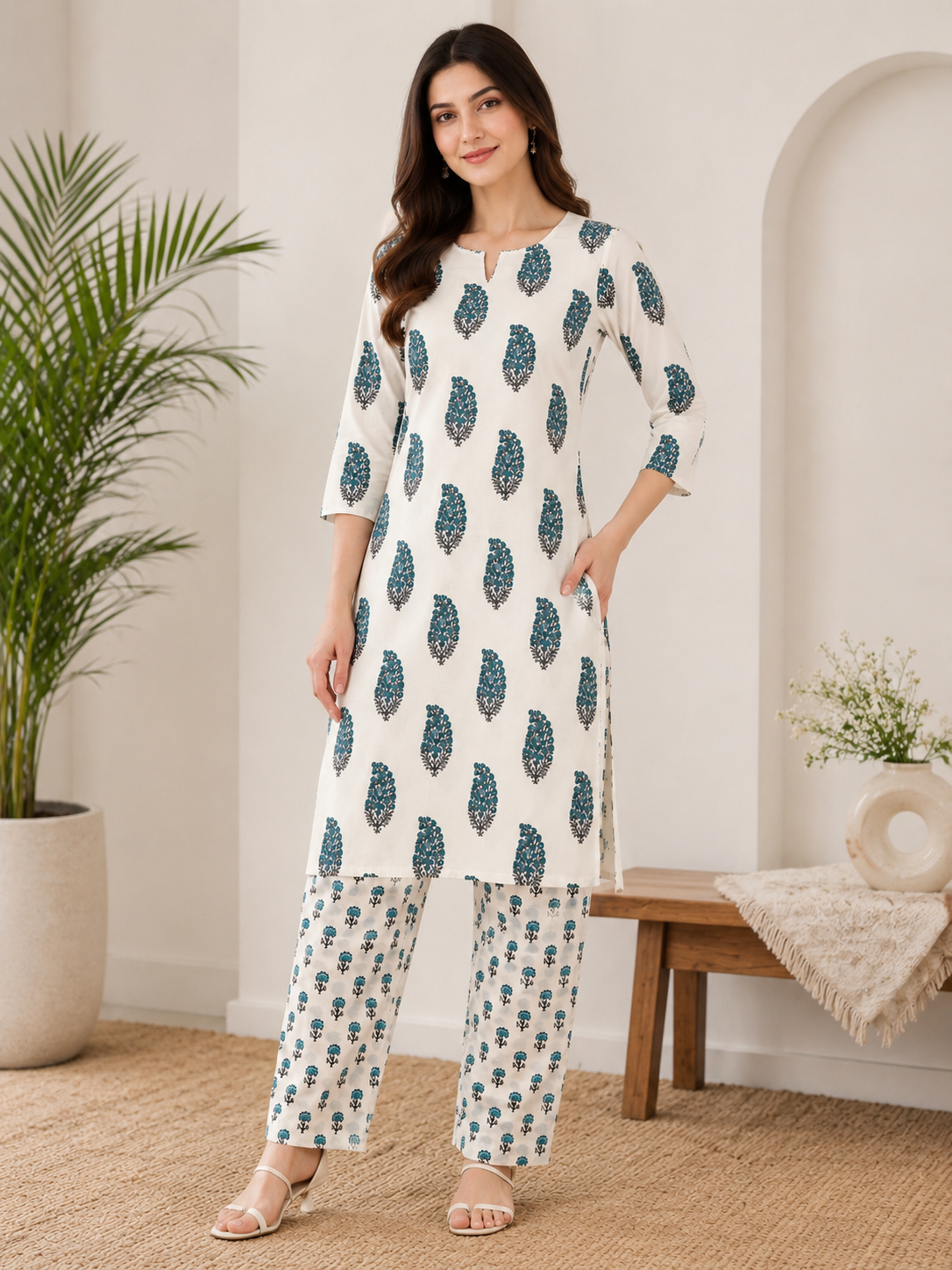 Women's Cotton Printed Kurta Pant Set – White & Rama Floral Print