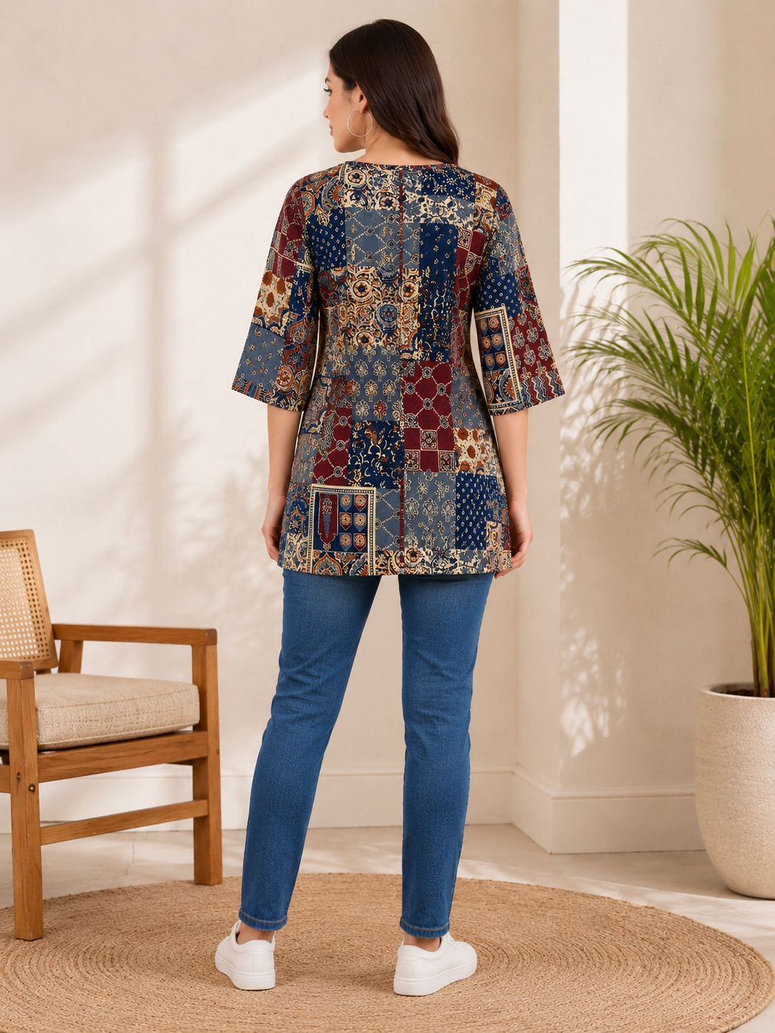 Women's Patchwork Print Cotton Tunic Short Kurti