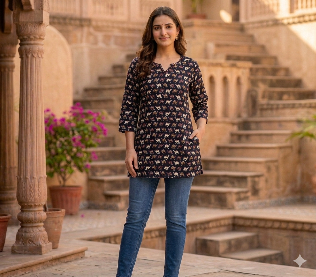 Jaipuri Camel Print Black (Short Kurti)