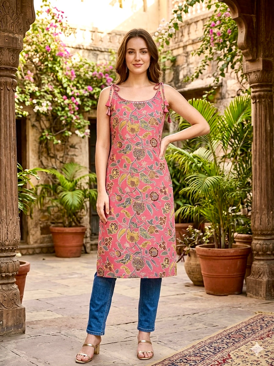 Blush Pink Floral Jaipuri Kalamkari Cotton Sleeveless Kurti