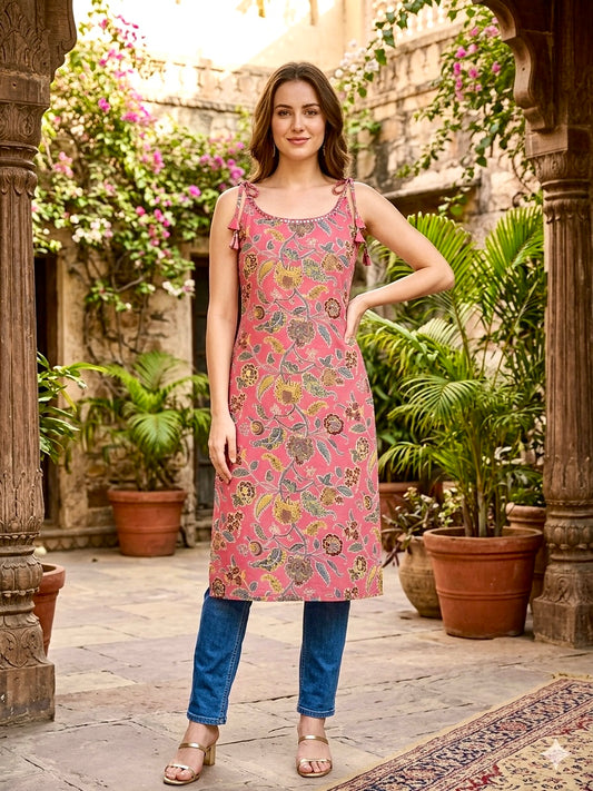 Blush Pink Floral Jaipuri Kalamkari Cotton Sleeveless Kurti
