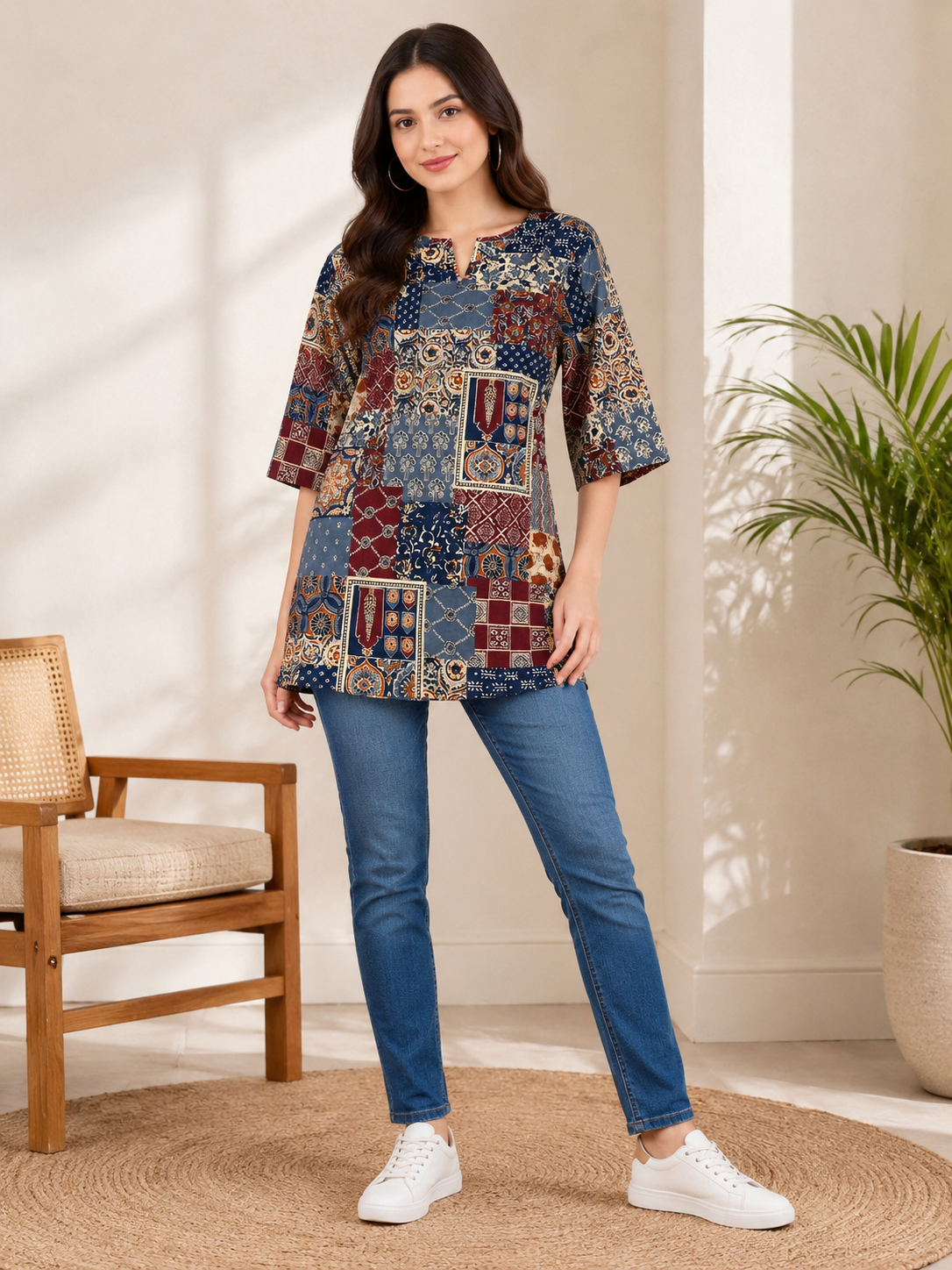 Women's Patchwork Print Cotton Tunic Short Kurti