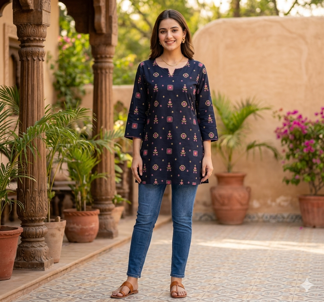 Women's Black Printed Cotton Short Kurti
